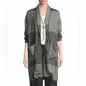 Eileen Fisher Black Organic Cotton Hazy Blocks Shawl Cardigan Jacket Size L/XL